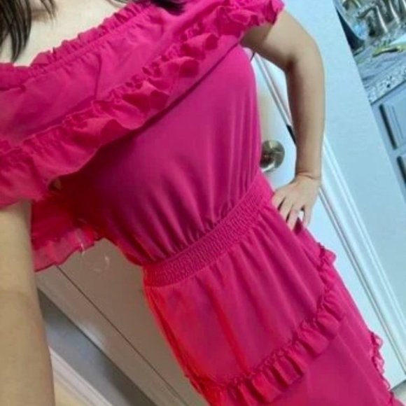 Off shoulder Ruffle Hem Mini Dress hot pink - Picture 7 of 8